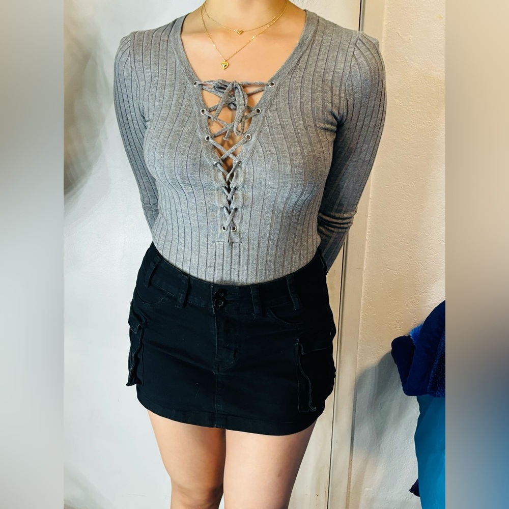 Forever 21 Gray Ribbed Lace-Up Top